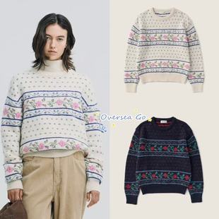 现货 Sienne 2025秋冬新款 韩国时尚玫瑰提花圆领针织衫毛衣女