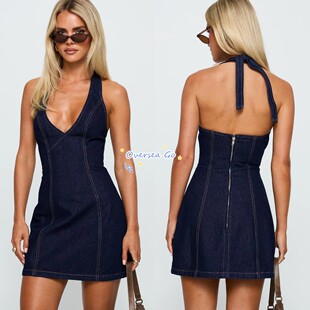 性感显身材外缝线V领无袖 挂脖露背牛仔连衣裙 Polly 现货Princess