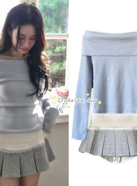 现货 cloudemotion 韩系一字肩长袖针织衫显瘦蕾丝百褶裙半身裙