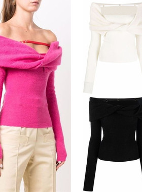 折扣现货 Jacquemus 2021年新款一字肩马海毛针织衫 露肩女士毛衣