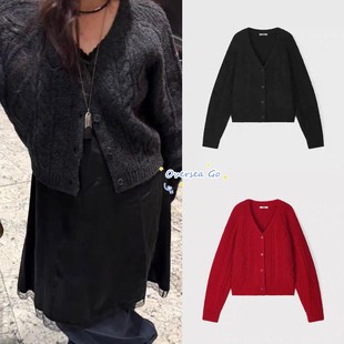 现货 韩国ETHOS针织衫 25冬季新款复古绞花纹大V领羊毛毛衣外套女