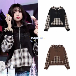 现货 韩国aeae 郑雅贤同款 休闲格子拼接字母印花连帽卫衣外套女