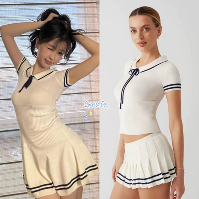 现货 Frankies 虞书欣同款 学院风条纹绑带连衣裙短袖T恤百褶裙