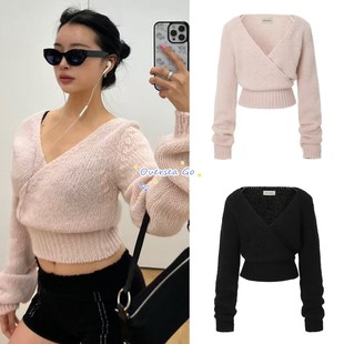 现货 threetimes 春季新款洋气时尚交叉V领罗纹短款针织衫毛衣女