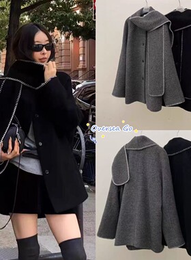 现货 atmosphere 2025冬季新款韩国小众明线锁边围巾领大衣外套女