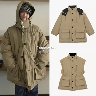 现货 moondal 韩国时尚工装风多穿法可拆卸袖子抽绳厚羽绒服外套