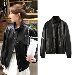 现货 韩国ounce 2025新款 复古简约宽松黑色立领机车皮衣外套女