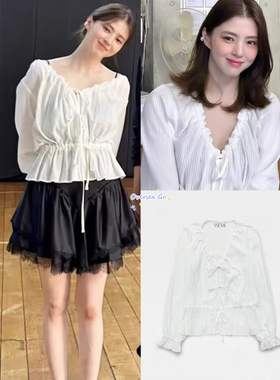 现货 SSEMI 韩素希同款系带荷叶边V领抽绳收腰短款长袖衬衫上衣女