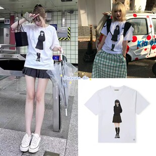 现货 coyseio新款 宽松休闲站姿卡通小女孩印花圆领短袖T恤上衣女