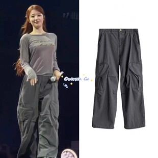 现货 韩国localmansion 叶舒华同款 复古爱心大口袋工装裤长裤女