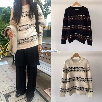 提花粗麻花圆领针织衫毛衣女