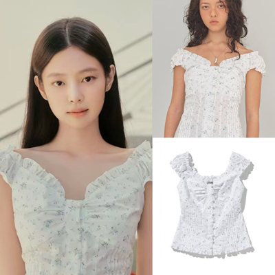 现货 Lotsyou 新款 金智妮Jennie同款 碎花木耳边修身背心衬衫女