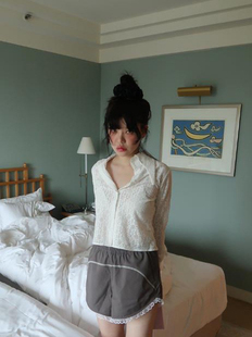 现货 韩国正品freckle 24新款 复古气质镂空大领蕾丝长袖衬衫上衣