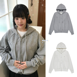 现货coyseio 2024秋冬新款韩系星星蝴蝶结印花口袋连帽卫衣外套女