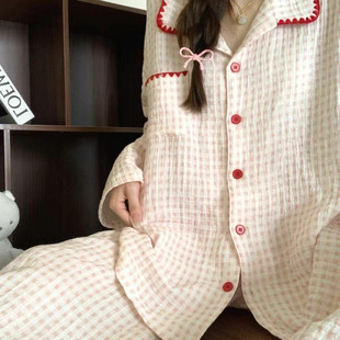 睡衣女士春秋季云朵棉长袖高级感可爱甜美格子宽松大码家居服套装