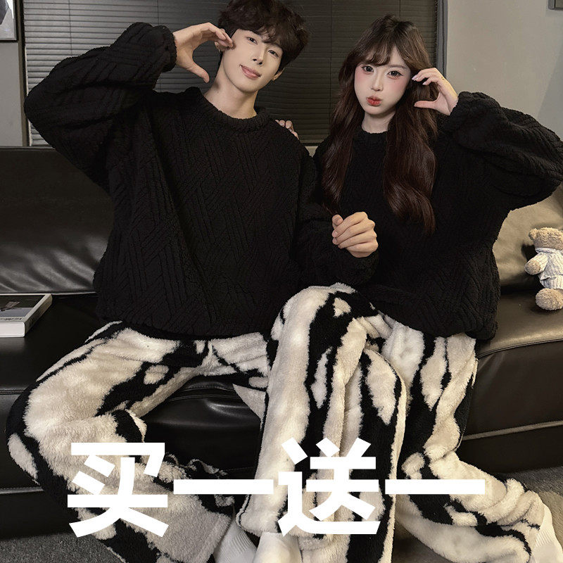 买一送一情侣睡衣女秋冬季珊瑚绒加绒加厚休闲大码男士家居服套装