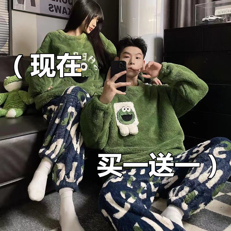 2026新款情侣睡衣女秋冬季珊瑚绒加绒加厚可爱卡通男士家居服套装