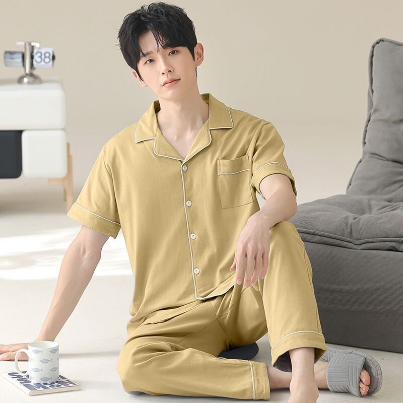 睡衣男士夏季短袖纯棉薄款高级感开衫休闲大码宽松夏天家居服套装图片