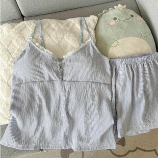 带胸垫睡衣女士夏季纯棉吊带短裤甜美性感花边条纹大码家居服套装