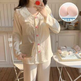 休闲家居服套装 带胸垫可爱甜美花边大码 云朵棉长袖 睡衣女士春秋季
