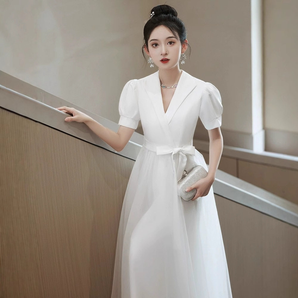 晚礼服大码胖mm主持人白色成人礼高级宴会连衣裙领证登记小白裙女