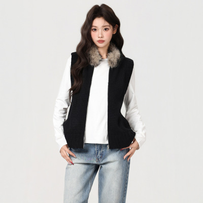 黑色修身叠穿无袖针织开衫马甲女2025秋冬新款高级感毛领加厚外套