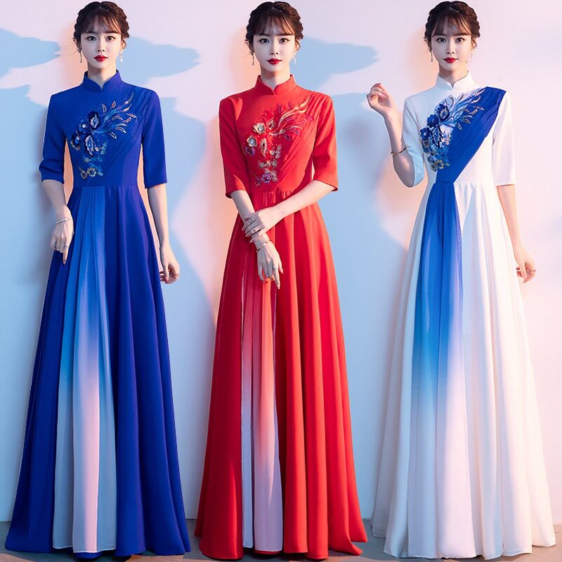 大合唱团演出服女长裙2026新款气质主持人礼服显瘦红歌朗诵比赛服