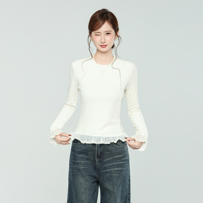 白色蕾丝花边下摆拼接德绒加厚长袖T恤秋冬新款打底衫内搭上衣女