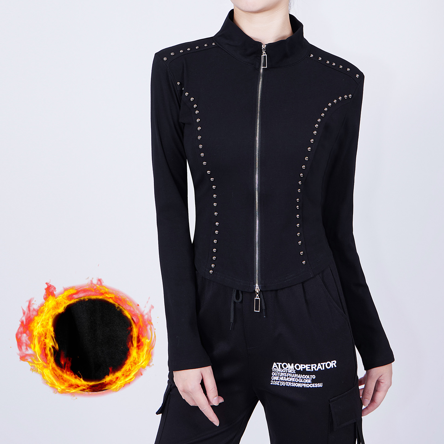 秋冬新款纯棉修身短外套女式高腰健身运动舞蹈长袖双头拉链上衣