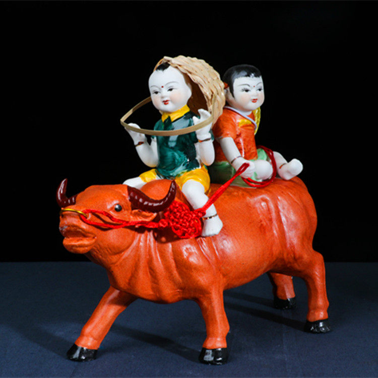景德镇陶瓷牛郎织女装饰品大黄牛牧童骑牛招财风水牛摆件乔迁送礼
