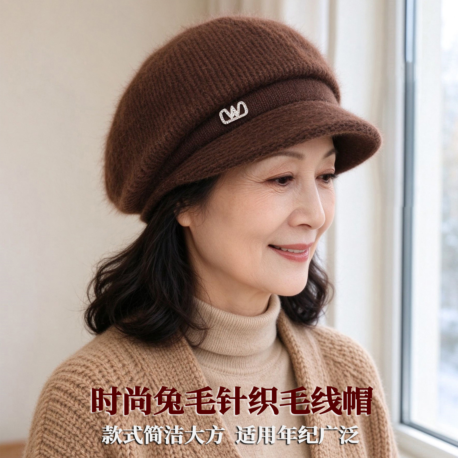 时尚兔毛针织毛线帽女冬季加厚保暖护耳中老年妈妈帽奶奶老人帽子