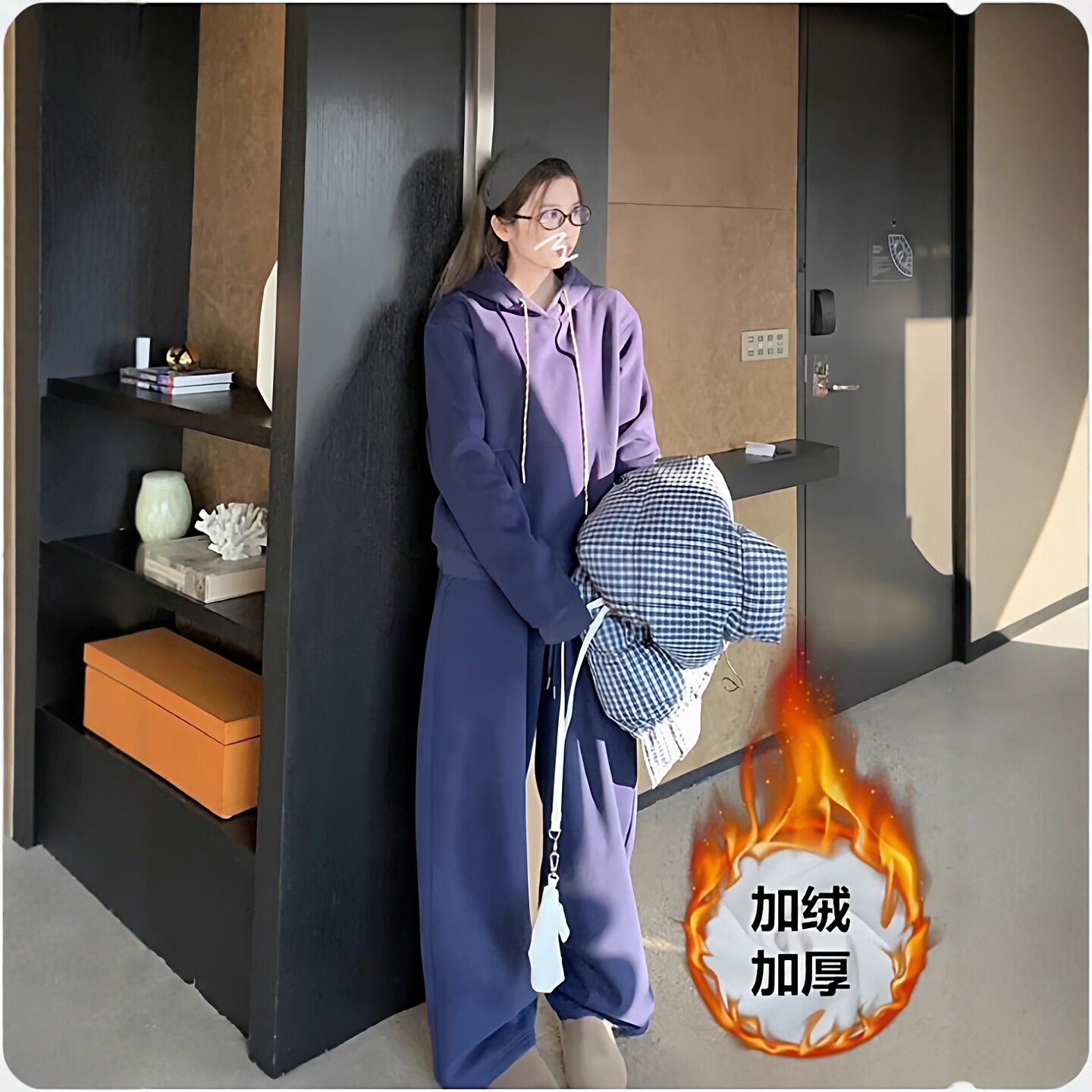 运动服套装女秋冬加绒加厚韩版宽松时尚慵懒风卫衣卫裤休闲两件套
