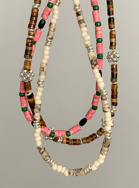 est studio原创手作天然石撞色进口米珠串珠项链女小众锁骨链叠戴