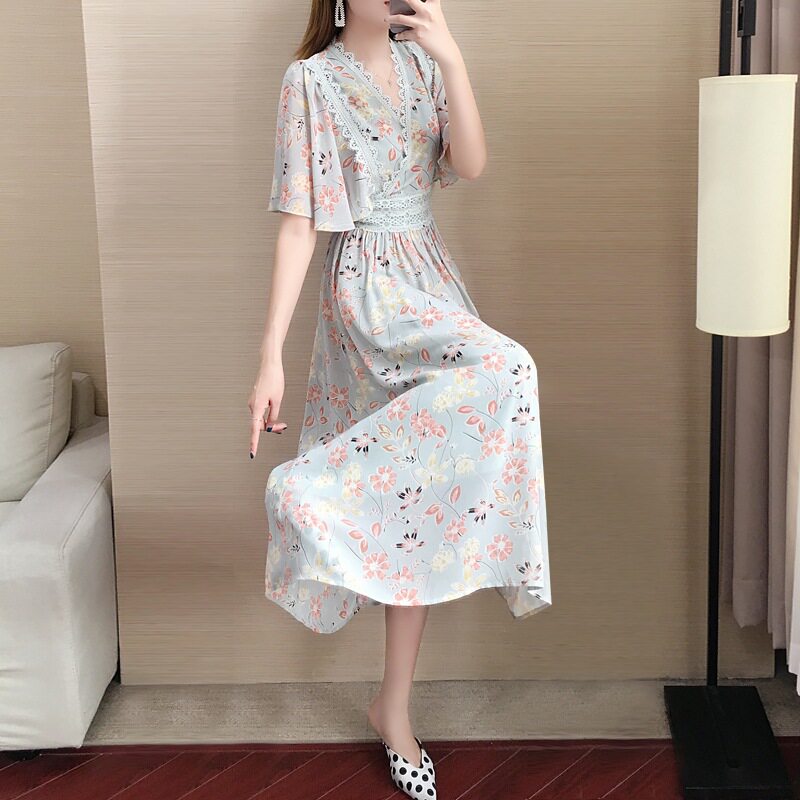 2025新款夏季气质收腰显瘦女神范过膝法式雪纺连衣裙女