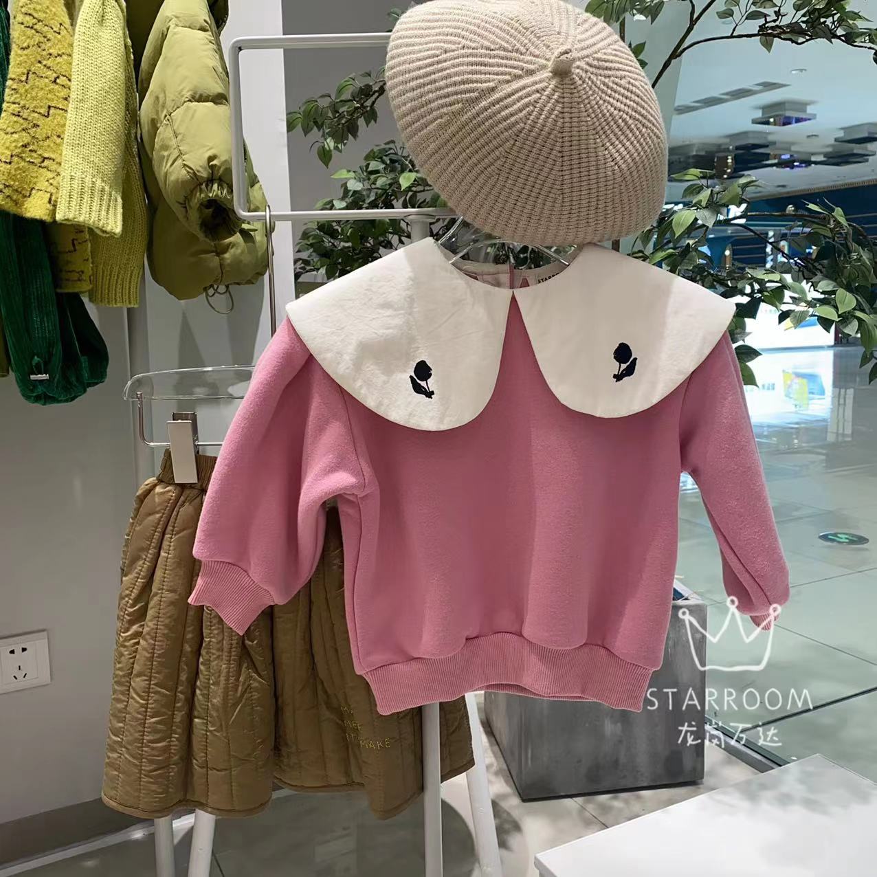 STARROOM加绒女小童粉色卫衣 女宝大翻领可爱套头纯棉厚保暖上衣