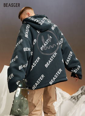 BEASTER小恶魔鬼脸防风仿羊羔毛棉衣正反两面穿外套双面兔绒夹克