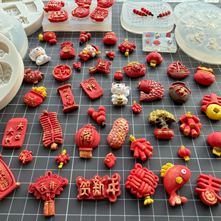 新年冰糖葫芦锦鲤福字鞭炮灯笼福袋中国结聚宝盆粘土模型硅胶模具