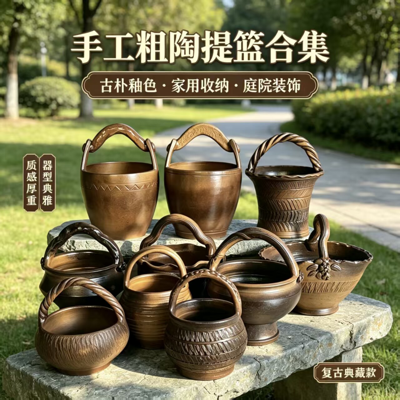 复古粗陶花盆手工透气提篮水桶宜兴柴窑大师首创绿植水培装饰摆件