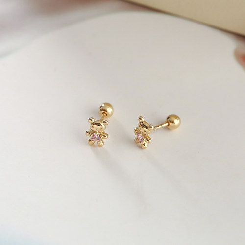 JINJEWELRY纯14K金黄金耳钉小巧粉锆小熊拧螺丝耳骨钉可爱耳饰