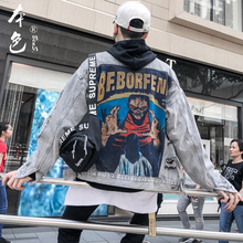 欧美街头复古水洗恶魔印花牛仔外套男潮牌破洞嘻哈bf帅气外穿夹克