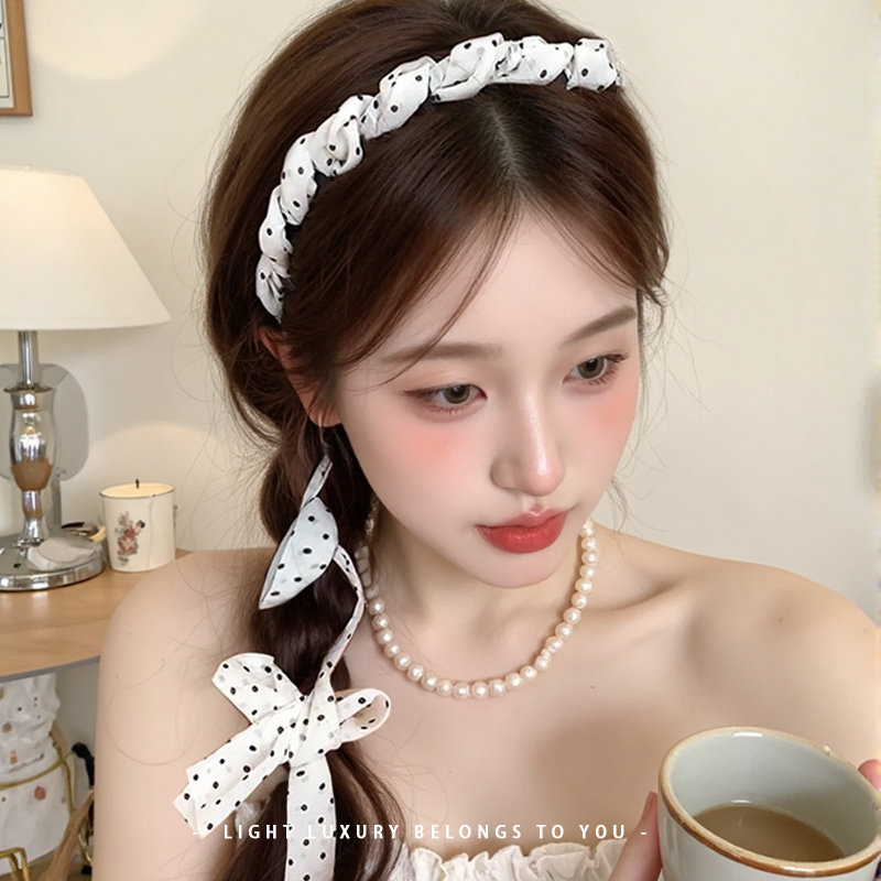 法式波点飘带发箍女款发带式丝带绑发一体高颅顶齿梳头箍发卡头饰