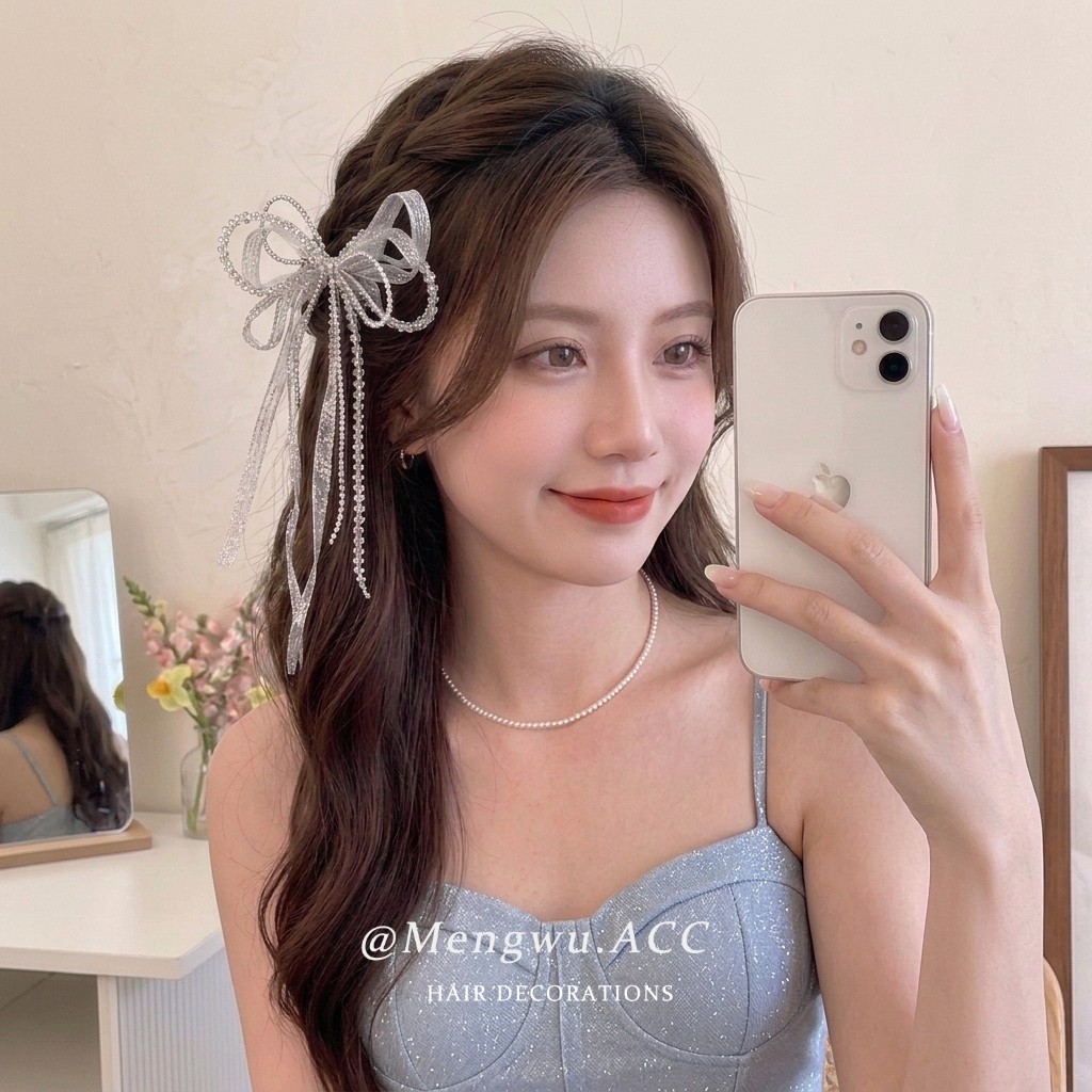 甜美水钻蝴蝶结流苏侧边发夹图片