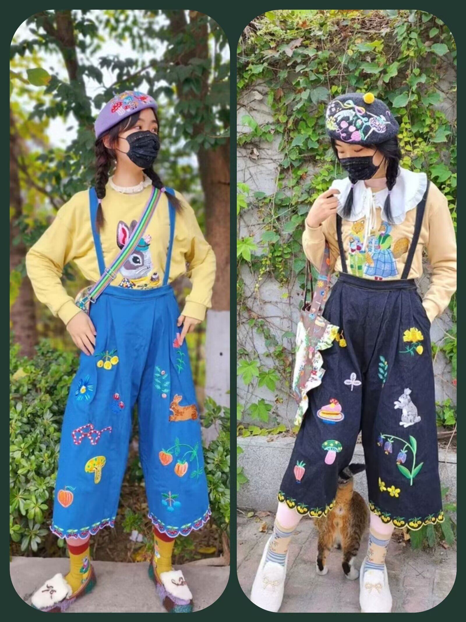 2025四季款牛仔休闲背带裤刺绣花直筒宽松腰9分中厚常规甜美重工