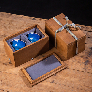 陶瓷茶杯建盏木盒仿古日式包装盒主人杯对杯一壶两杯礼品盒空盒子