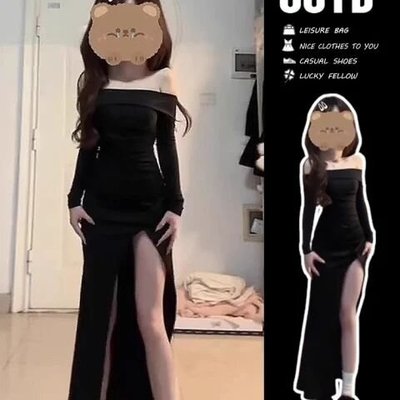 黑色辣妹性感修身一字肩露肩开叉连衣裙子女秋季2025新款包臀长裙