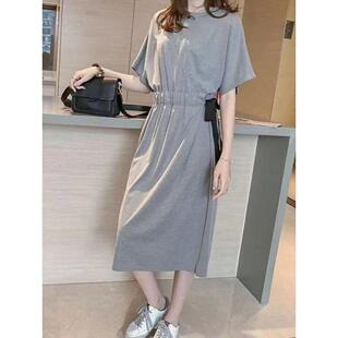 胖mm女装夏季韩版宽松大码T恤长裙绑带收腰显瘦遮肚子过膝连衣裙