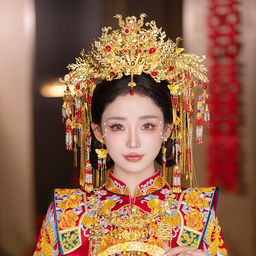 汉服秀禾新娘金红凤冠发饰套装