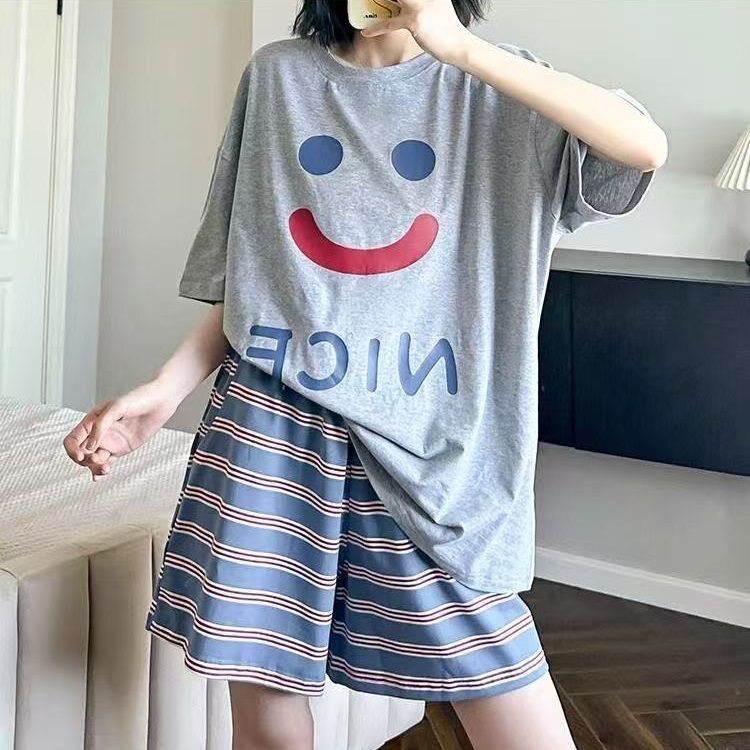 彩色笑脸睡衣女夏款居家服套装