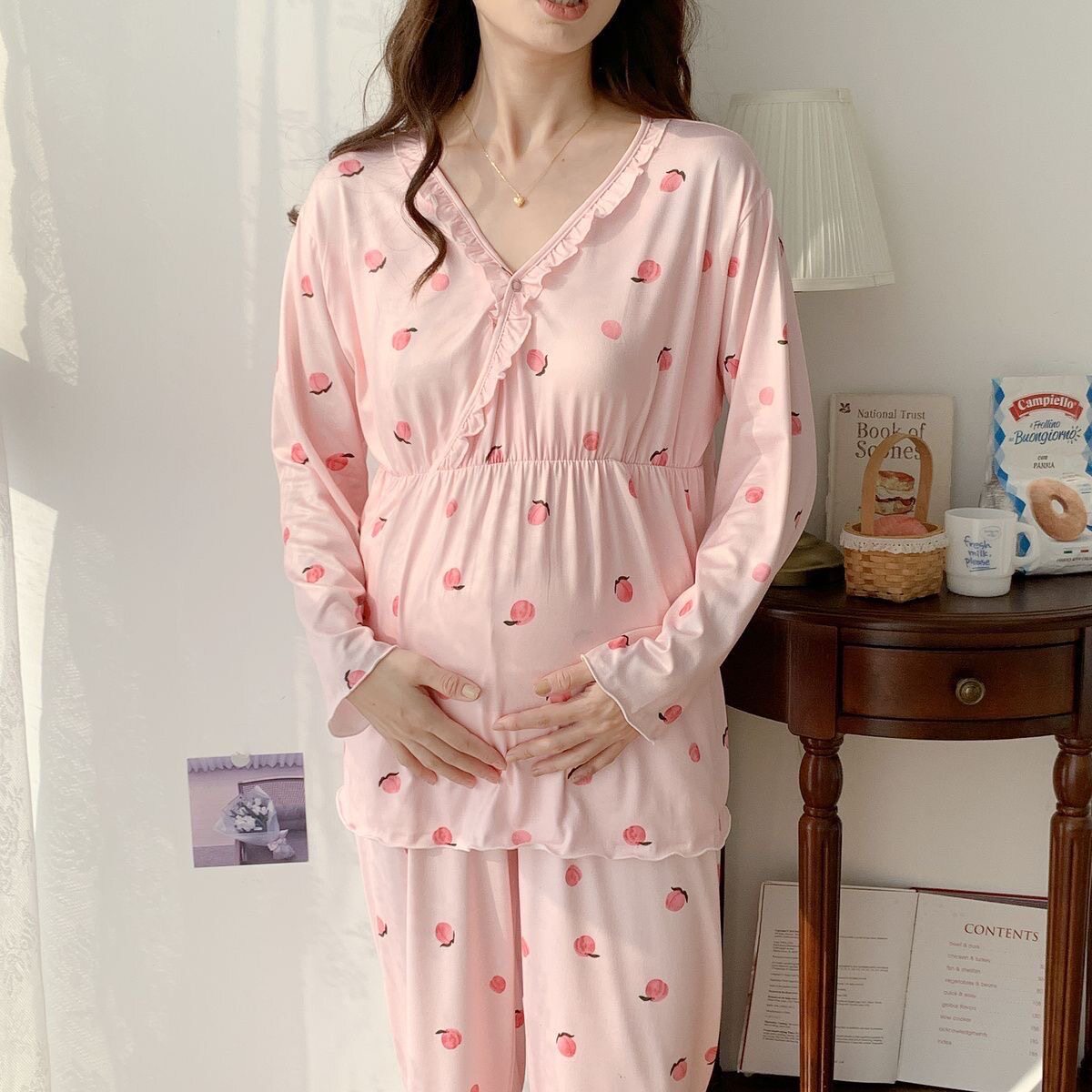 长袖带胸垫睡衣女月子服家居服