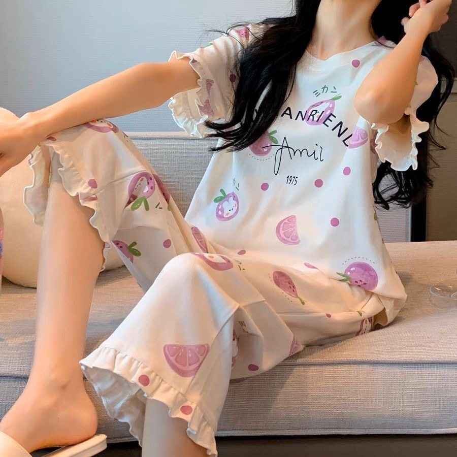 睡衣女短袖薄款可外穿家居服套装
